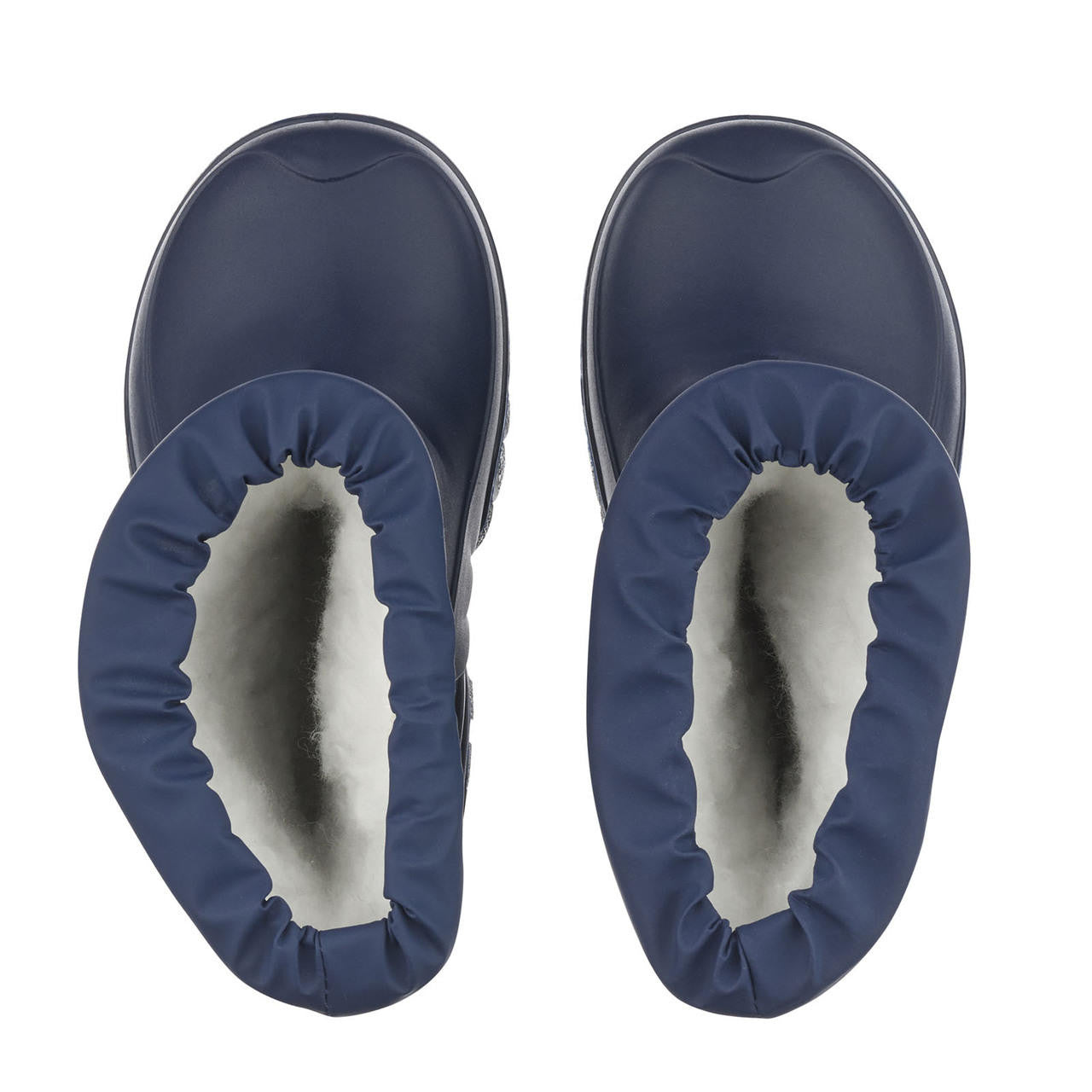 A unisex wellie by Start-Rite, style Baby Mudbuster, in blue and grey with fur lining and drawstring fastening. View from above.