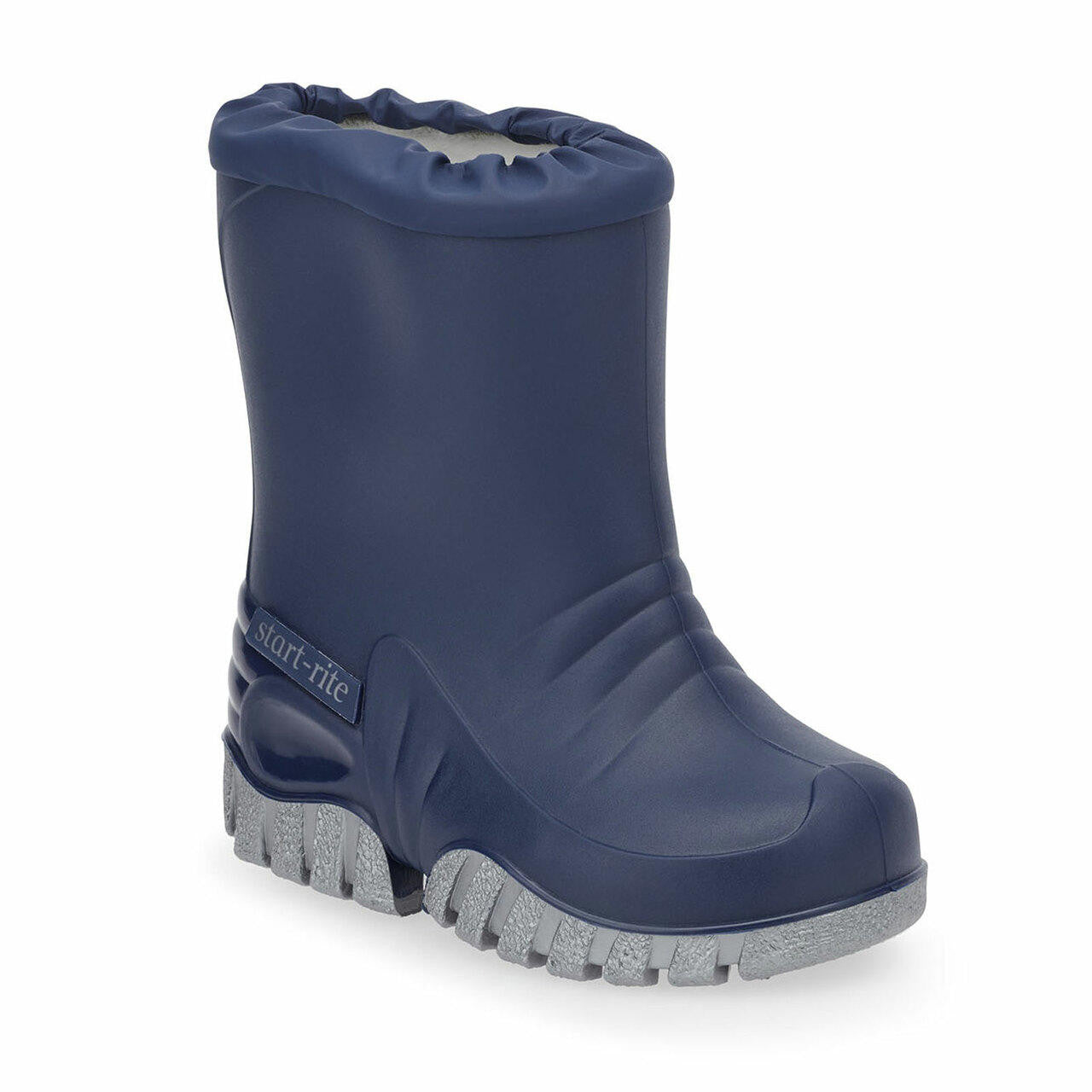 A unisex wellie by Start-Rite, style Baby Mudbuster, in blue and grey with fur lining and drawstring fastening. Angled right side view.