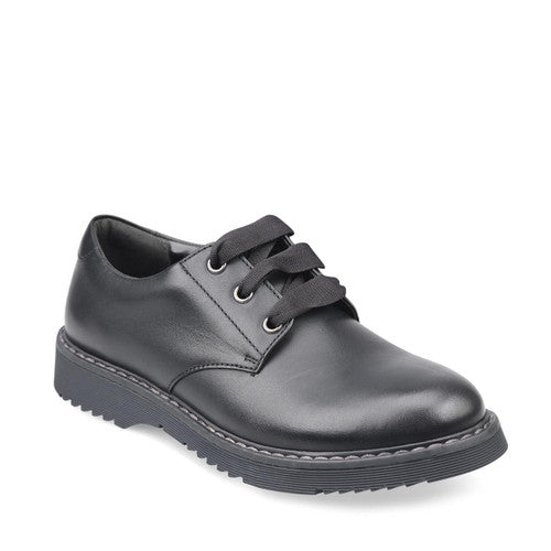 A lace up senior girls school shoe by Start-Rite, style Impact, in black leather with lace fastening. Angled view.