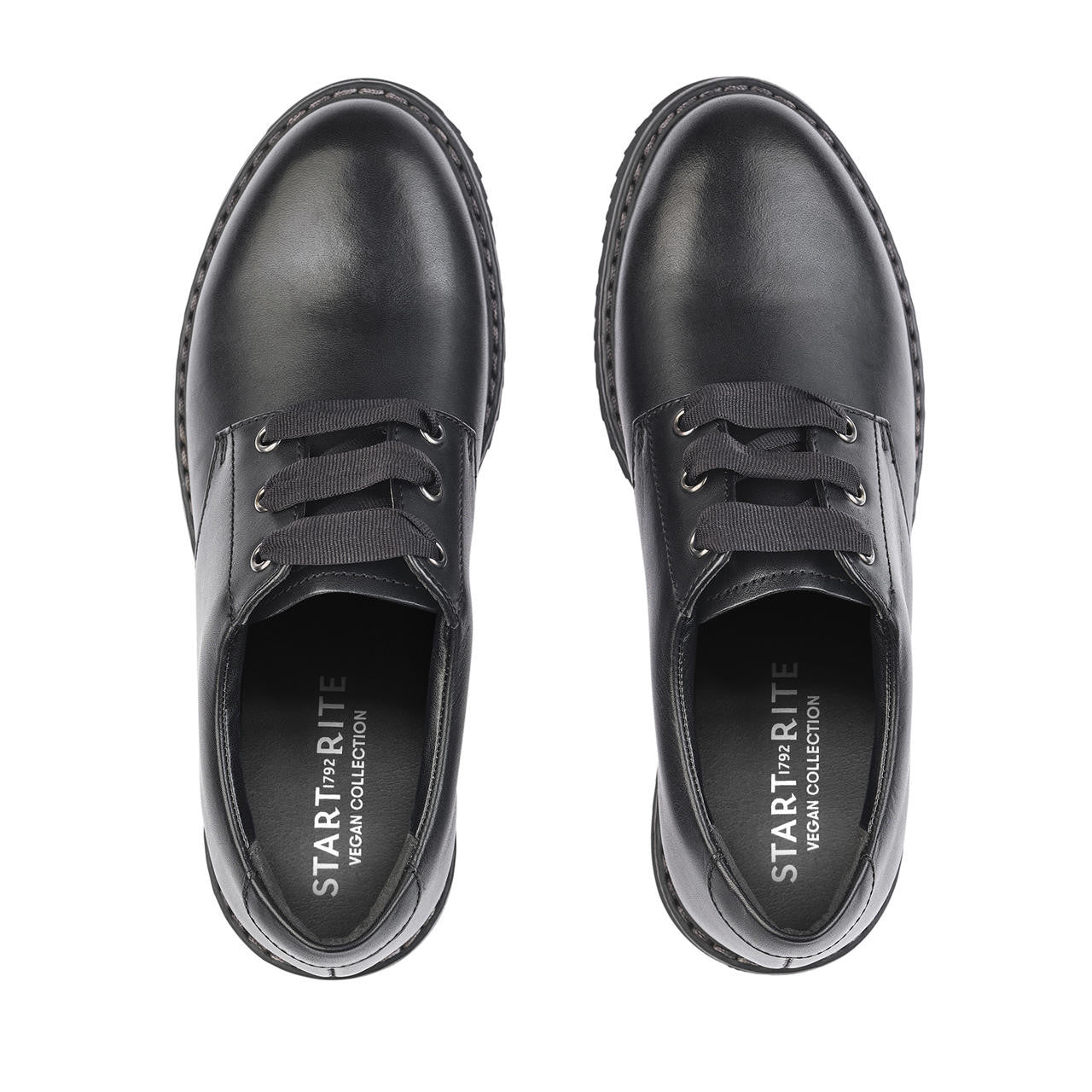 A lace up senior girls school shoe by Start-Rite, style Impact, in black leather with lace fastening. Above view of pair.