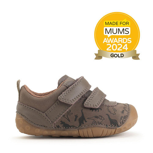 A boys pre walker by Start-Rite, style Roar, in taupe nubuck with dinosaur print and velcro fastening. Right side view.