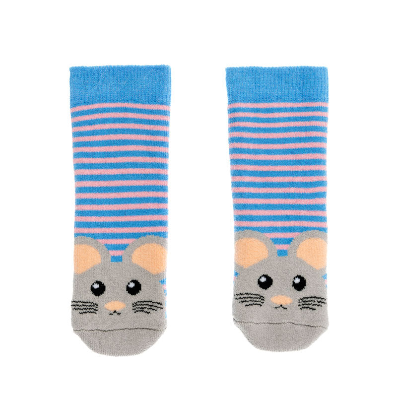 A pair of Tots welly socks by Squelch, style Mousey, in blue and pink stripe with grey mouse print. Front view.