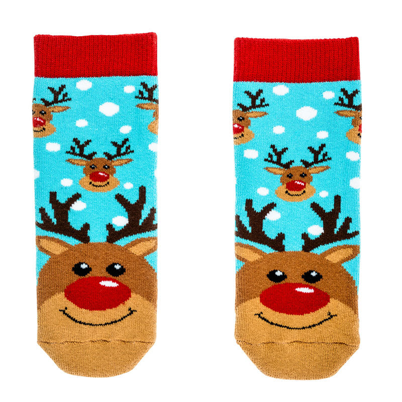 A pair of Tots welly socks by Squelch, style Rudolph, in blue with brown Rudolph print. Front view.