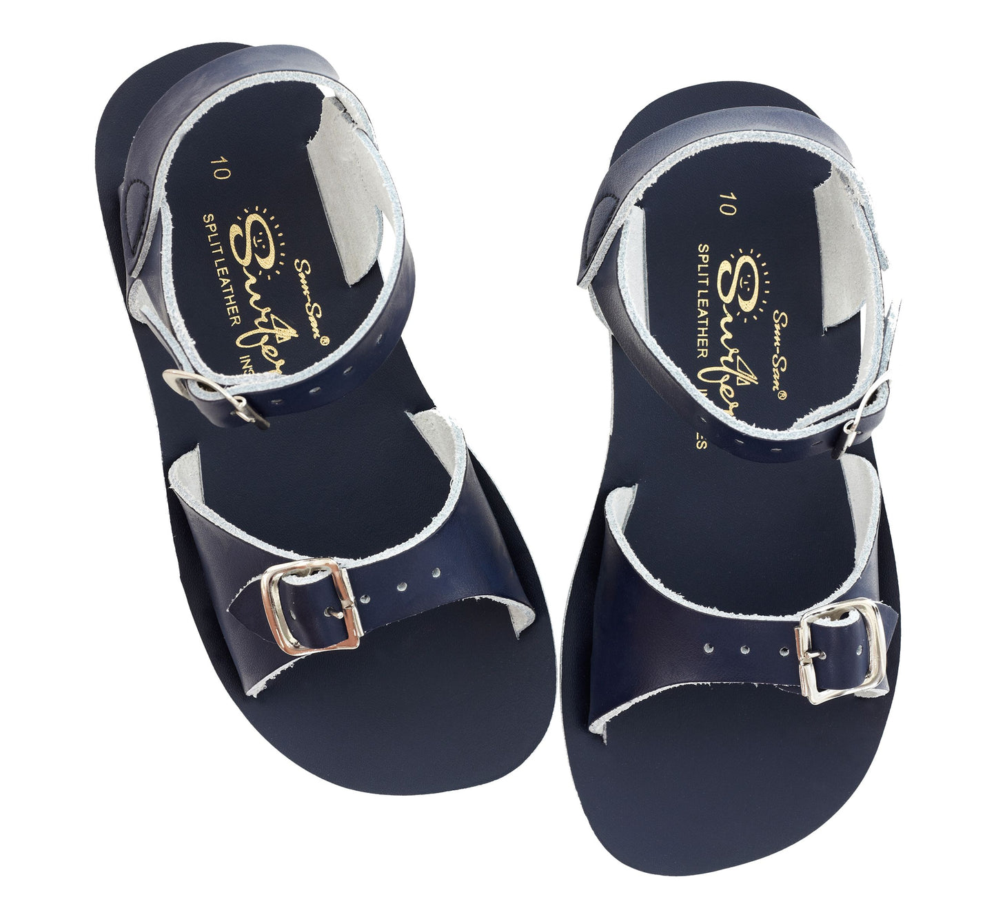 A unisex sandal by Salt Water Sandals in navy with double buckle fastening across the instep and around the ankle. Open Toe and Sling-back. Top view.