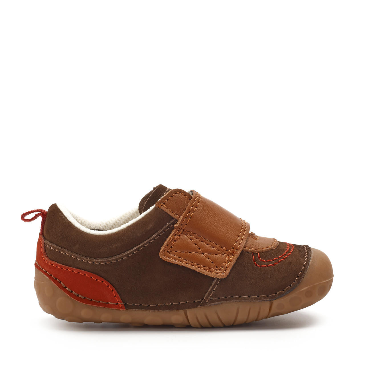 A boys pre walker by Start Rite,style Shuffle, in Brown Nubuck and Tan leather with single velcro fastening. Left side view.