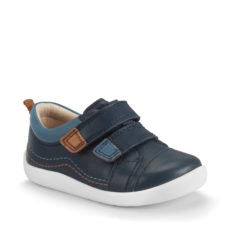 A boys shoe by Start-Rite, style Clubhouse, in navy leather with double velcro fastening. Angled view.