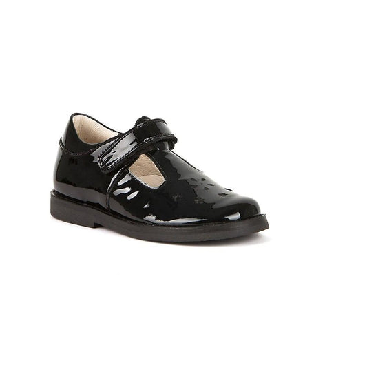 A girls T-Bar school shoe by Froddo, style Evia, in black patent. Angled view.