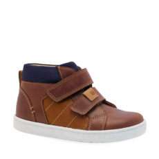 A boys casual boot by Start-Rite, style Discover, in tan leather with white sole and double velcro fastening. Right side view.