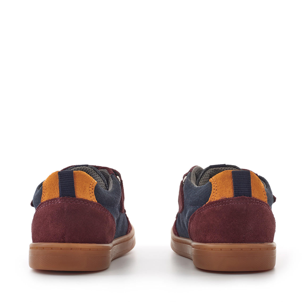A boys casual shoe by Start-Rite, style is Enigma in wine and navy suede and canvas with double velcro fastening. Back view of a pair.