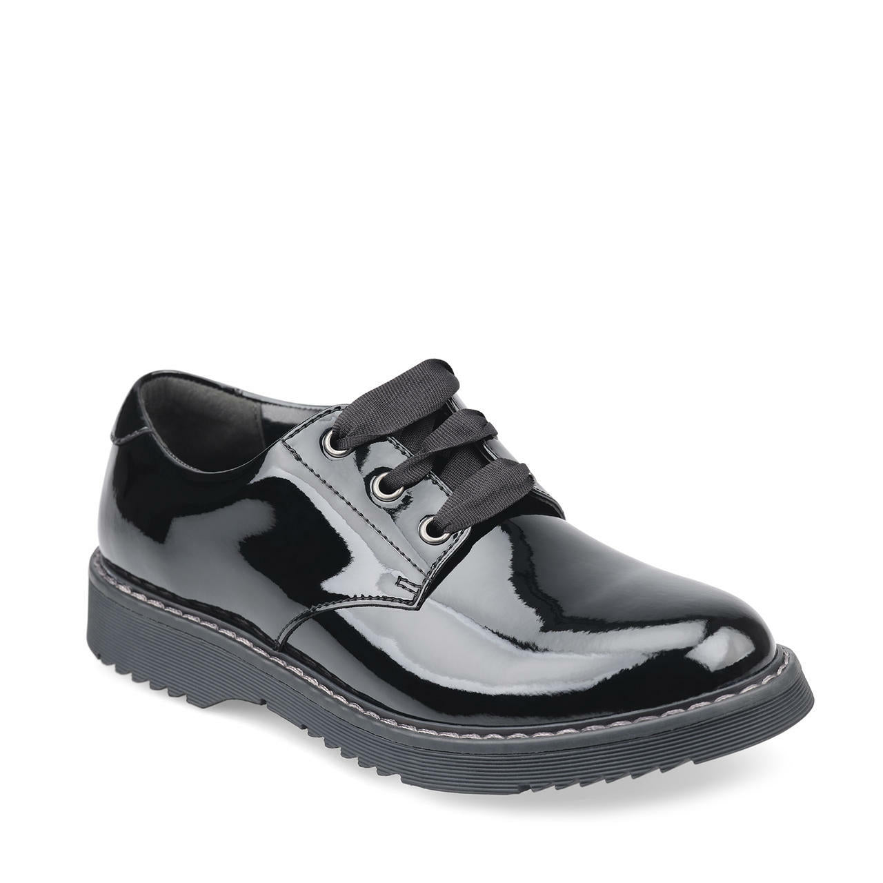 A girls chunky school shoe by Start-Rite Angry Angels, style Impact, in black patent leather with lace up fastening. Right side angled view.