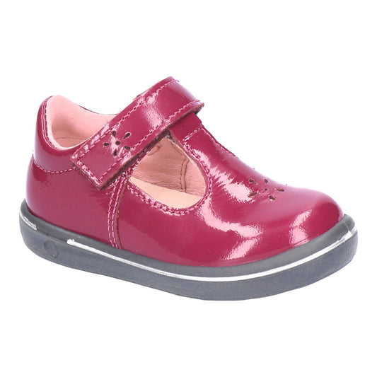 A girls T-Bar shoe by Ricosta, style Winona, in purple patent with velcro fatening. Right side view.