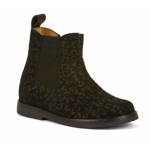A girls Chelsea boot by Froddo, style Chelys G3160143-7, in black glitter leopard suede with zip fastening. Right side view.