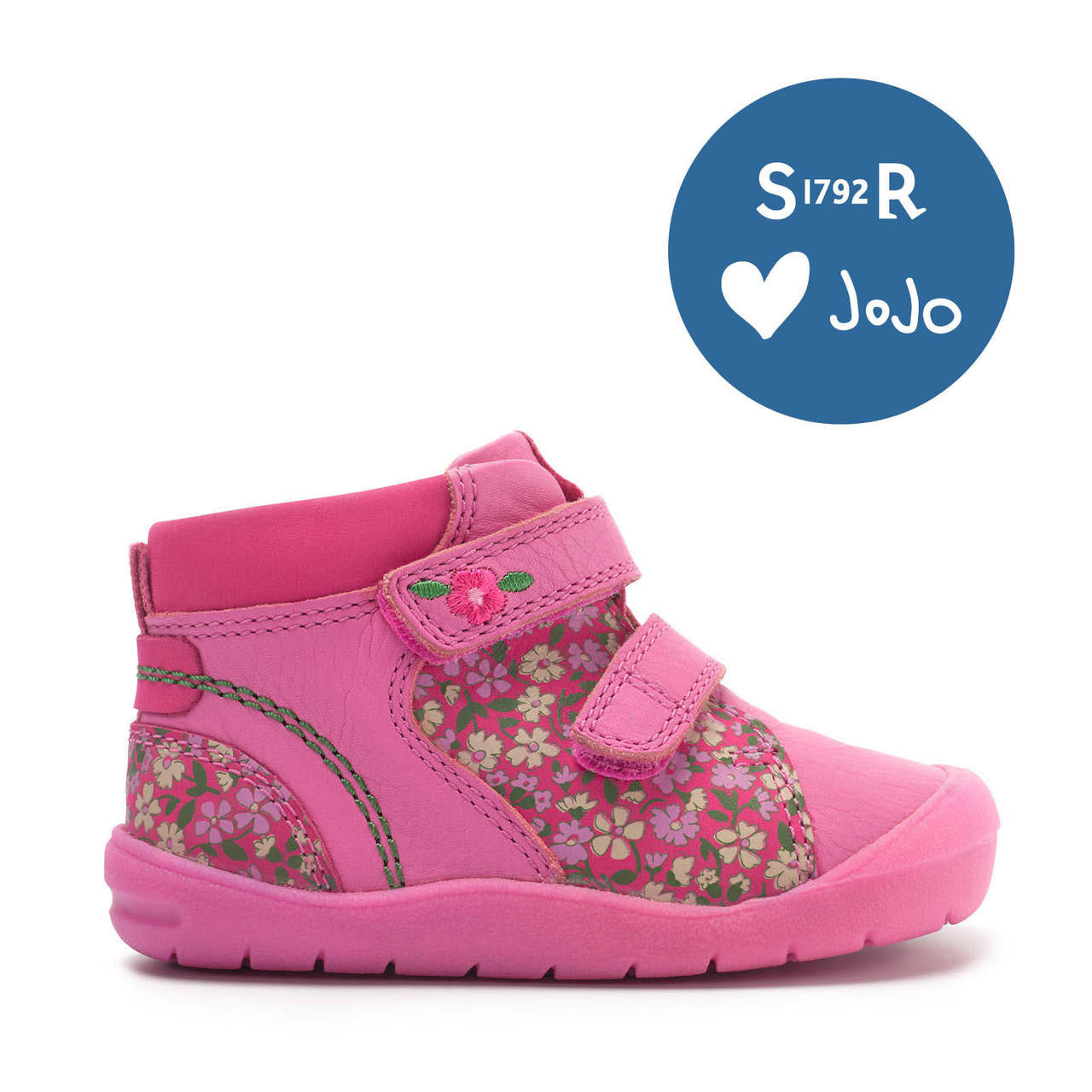 A girls boot by Start Rite and JoJo Maman Bebé collaboration, style Play Date  in Pink Leather and Floral Nubuck, with double velcro fastening and padded ankle. Right side view.