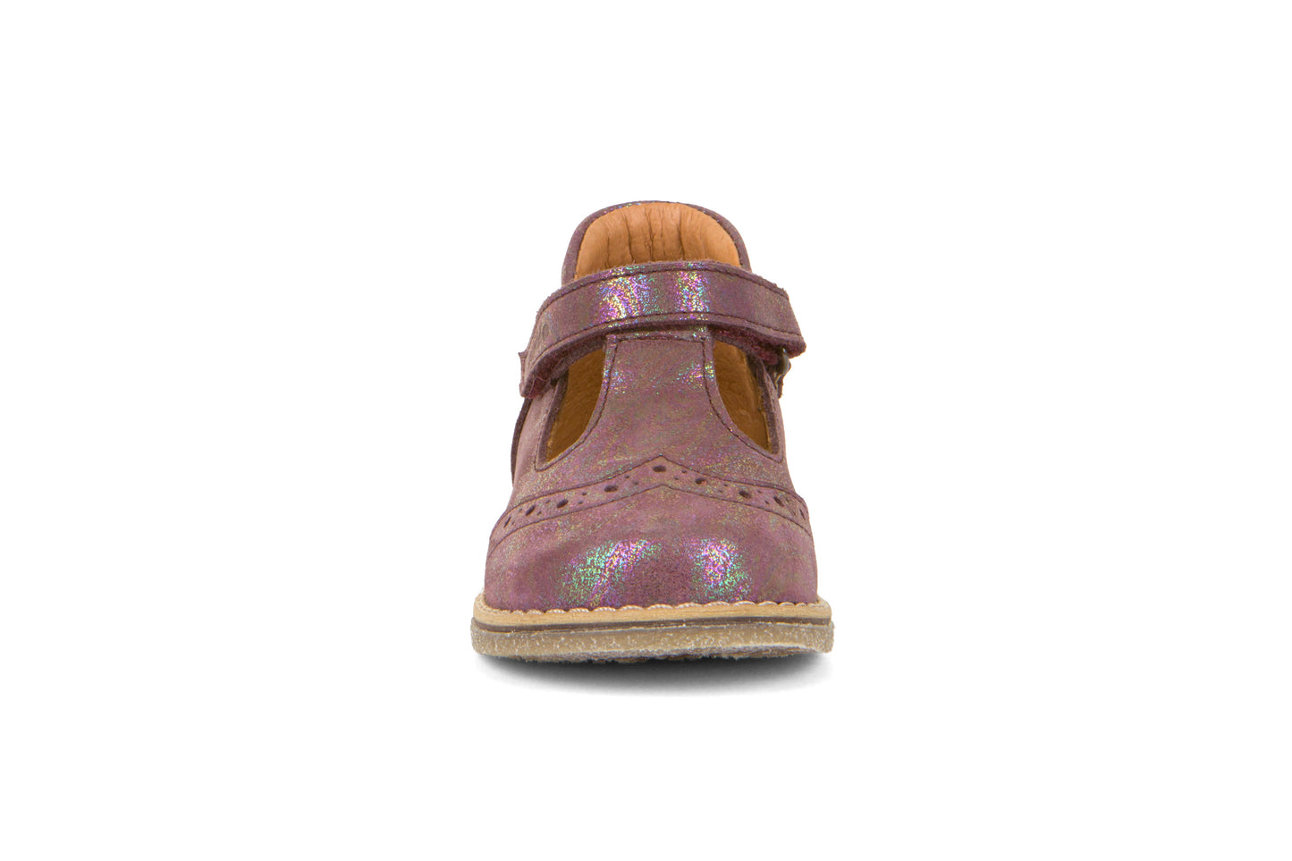 A girls shoe by Froddo, style Elis G2140059-3 in Purple metallic with velcro fastening. Front view.