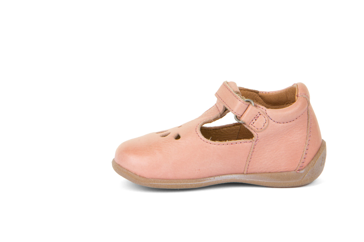 A girls shoe by Froddo, style G2140060-2 Gigi T-bar, in nude with teardrop cut out design, velcro fastening. Right inside view.