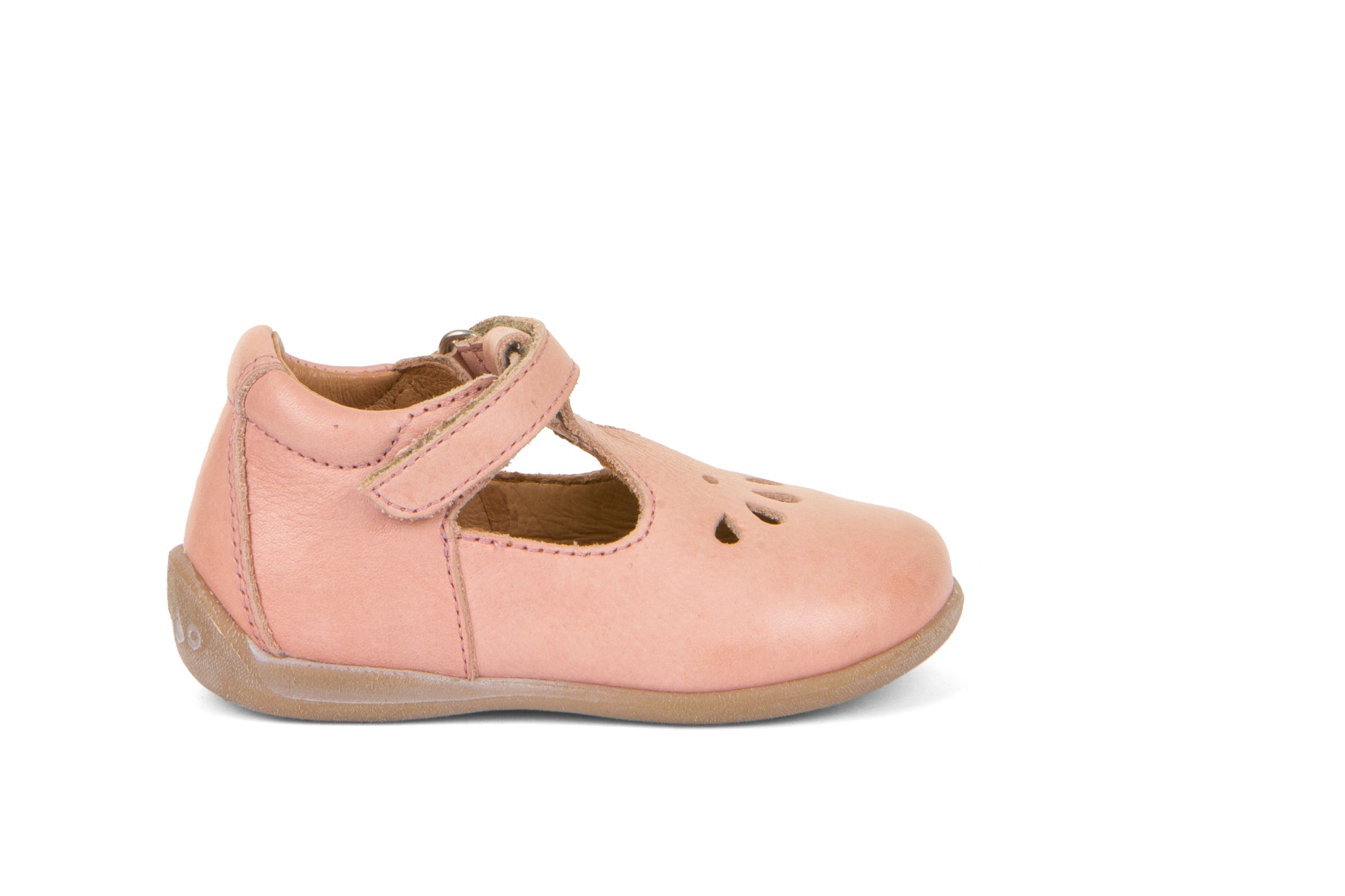A girls t-bar shoe by Froddo, style G2140060-2 Gigi, in nude with teardrop cut out design, velcro fastening. Right side view. 