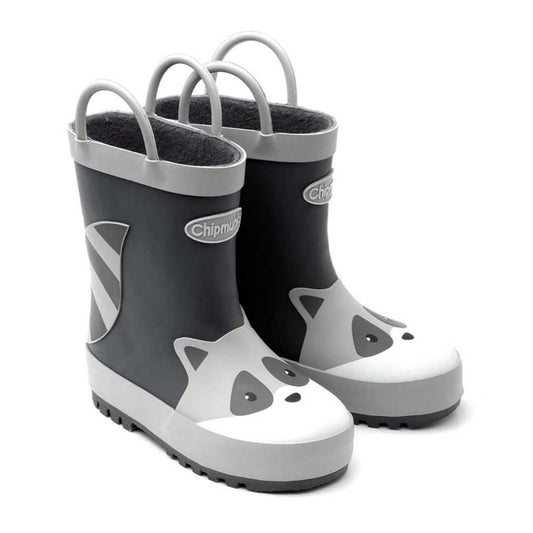 A pair of unisex wellies by Chipmunks, style River Racoon, in Racoon design on grey background. Angled view.