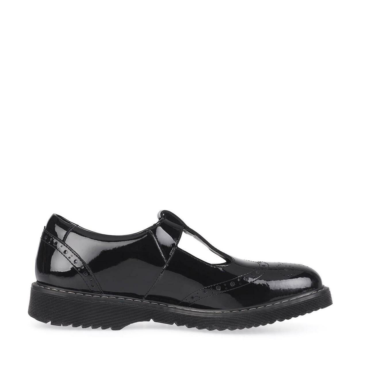 A girls T-Bar school shoe by Start Rite,style Imagine, in black patent with buckle fastening. Inner side view.