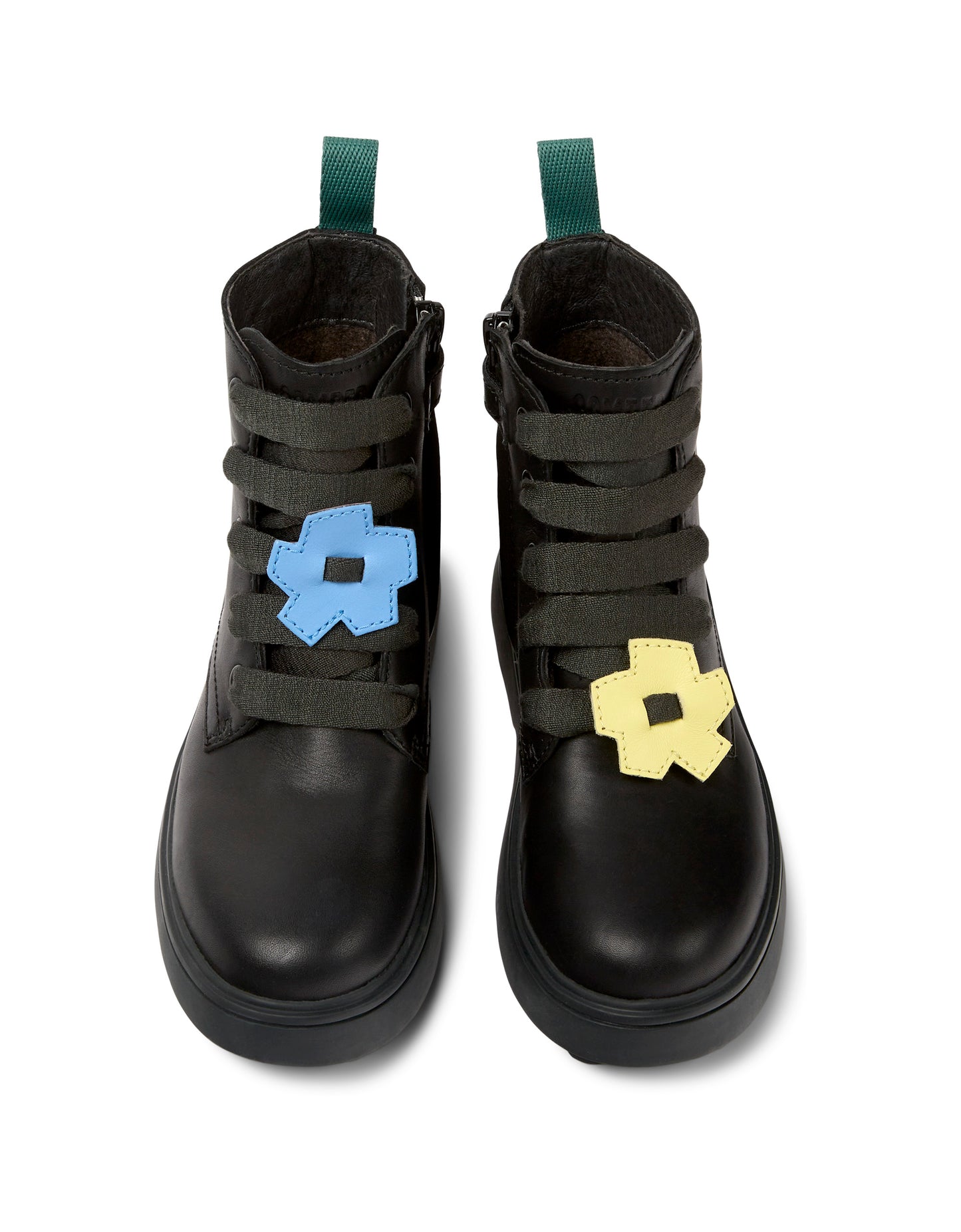 A girls chunky ankle boot by Camper, style K900150-012,in black leather with zip and lace fastening showing flowers on laces. Above view.