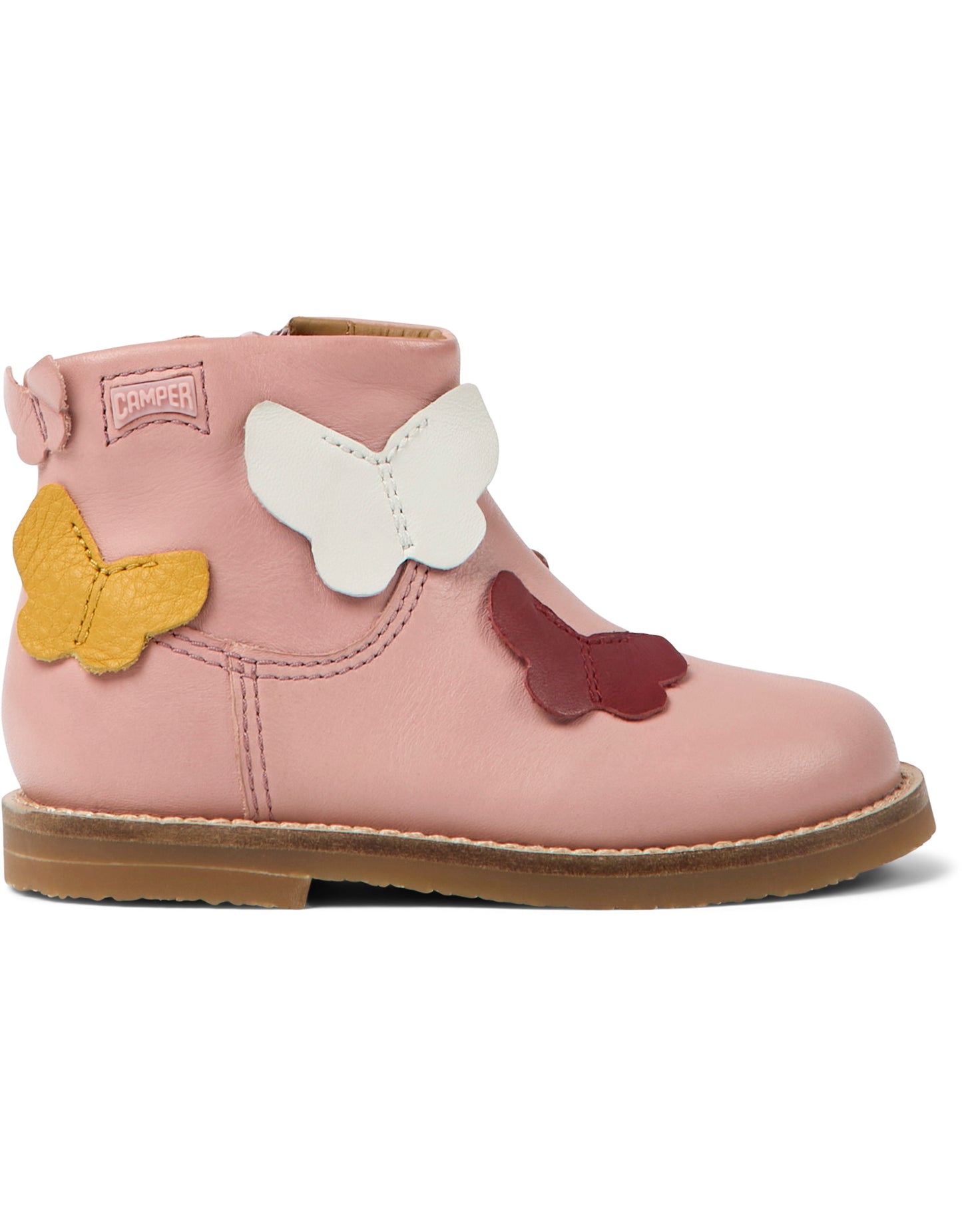 A girls butterfly detail ankle boot by Camper, style K900316-001, in pink with zip fastening. Right side view.