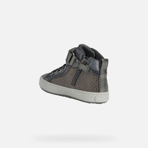 A girls casual hi top trainer by Geox, style Kalispera, in silver with velcro and zip fastening. Inner side view.