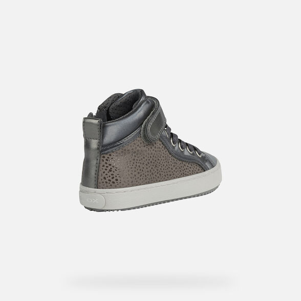 A girls casual hi top trainer by Geox, style Kalispera, in silver with velcro and zip fastening. Back view.