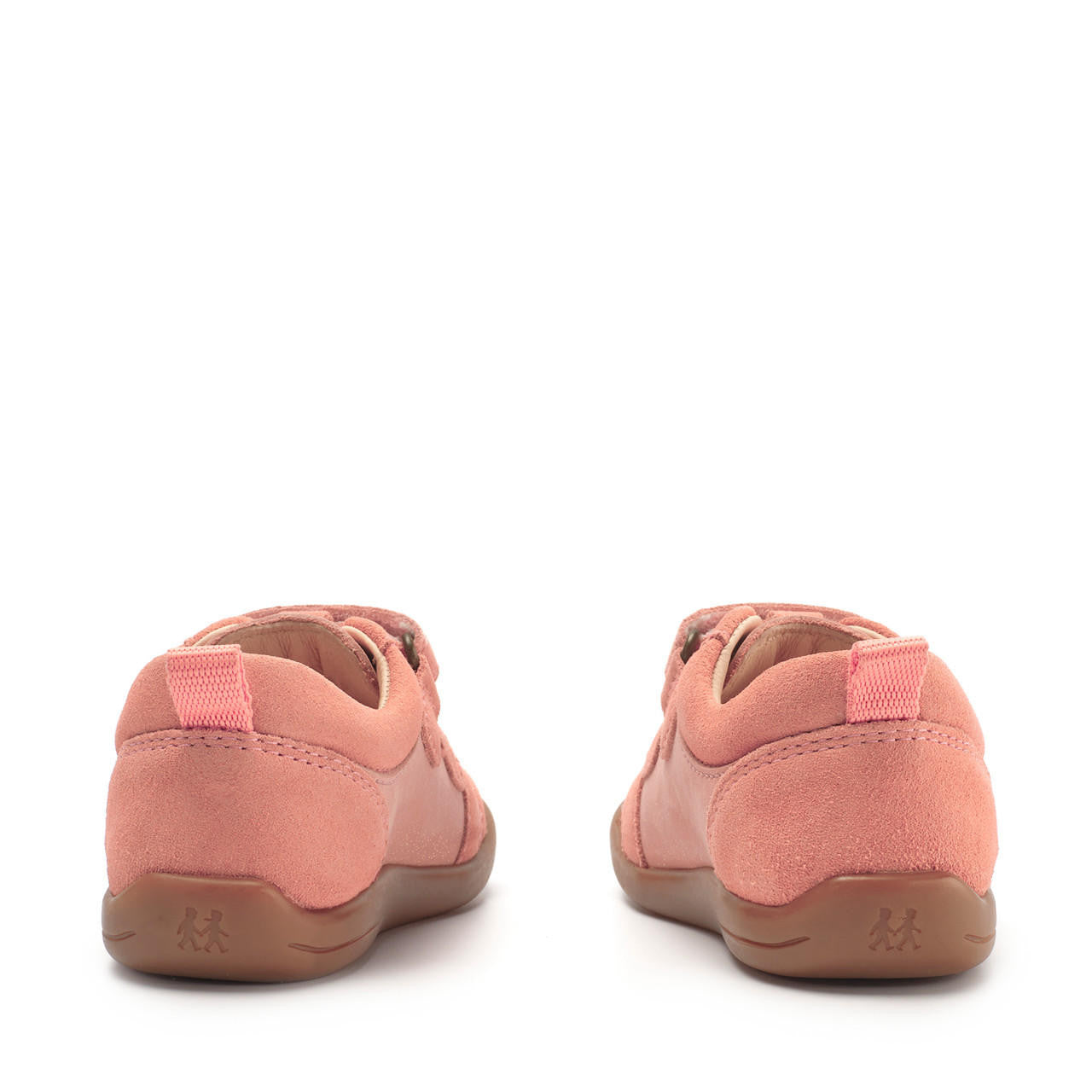 A pair of girls casual shoes by Start Rite, style Maze, in pink and gold with double velcro fastening. Back view,