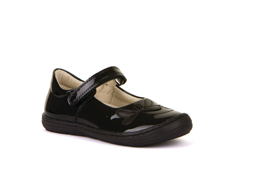 A girls Mary Jane school shoe by Froddo, style Mia DF, in black patent with velcro fastening