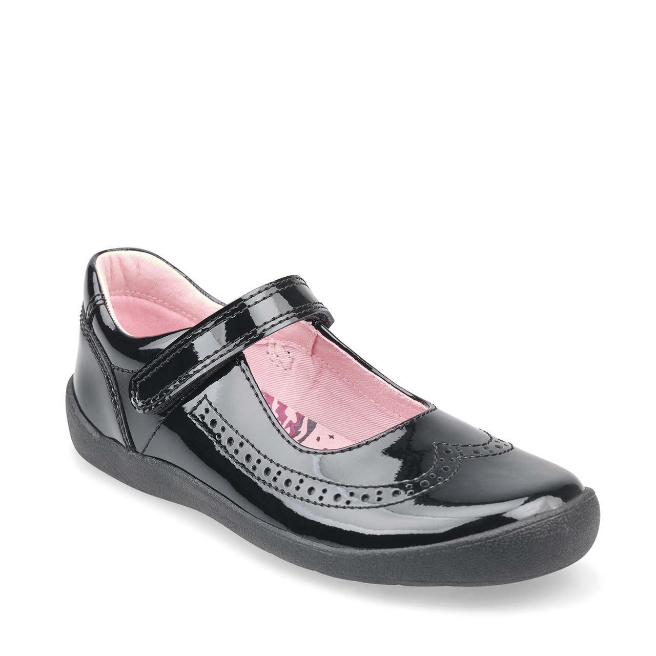 A girls Mary Jane school shoe by Start Rite, style Spirit, in black ppatent with velcro fastening. Angled view.