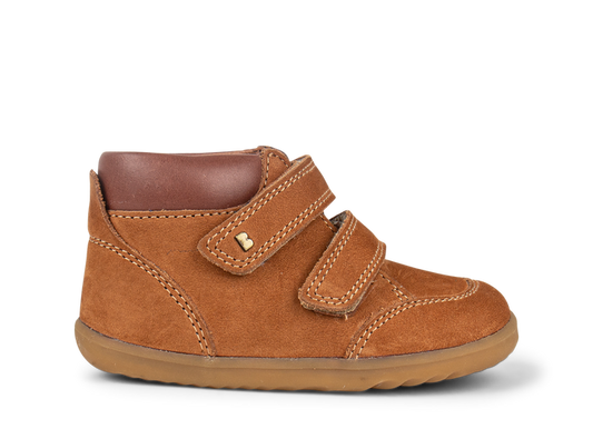 A boys ankle boot by Bobux,style Timber, in Tan nubuck and brown leather with double velcro fastening. Right side view.