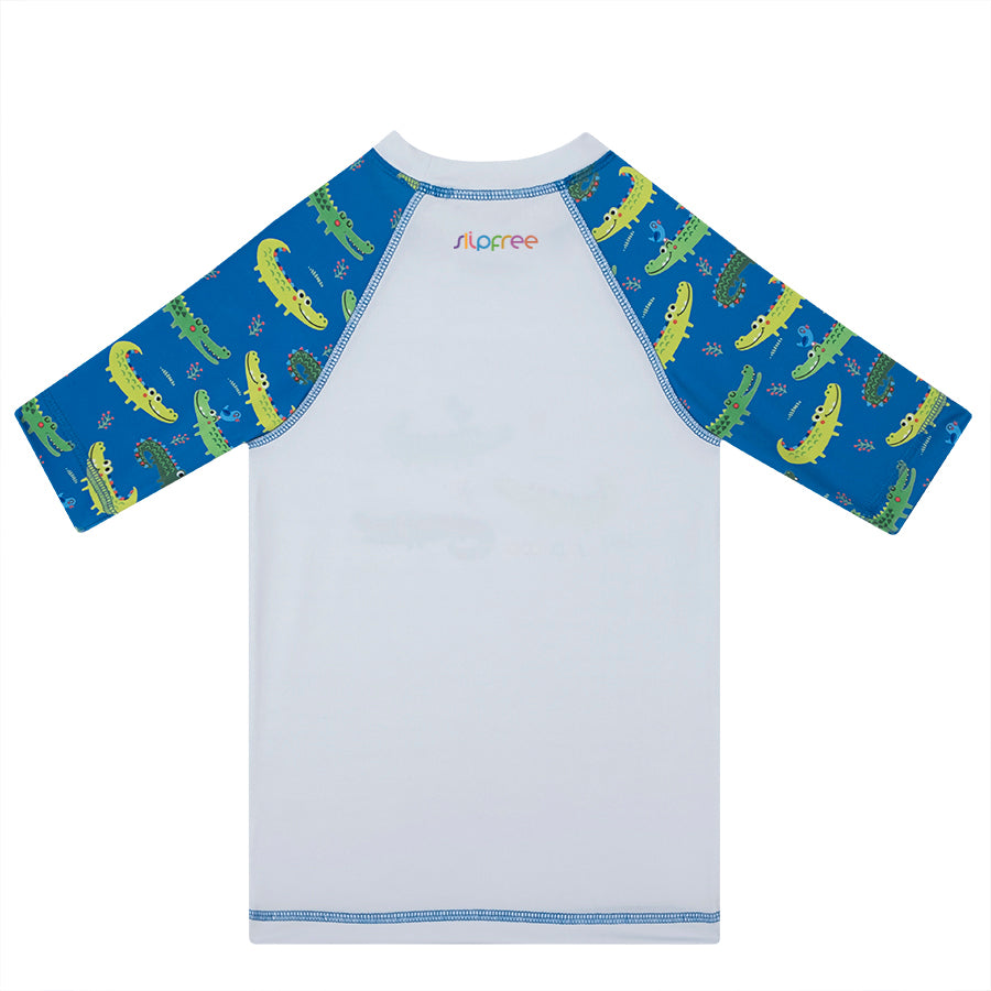 A boys rash vest by Slipfree, style Alligator, in Alligator print. Back view.