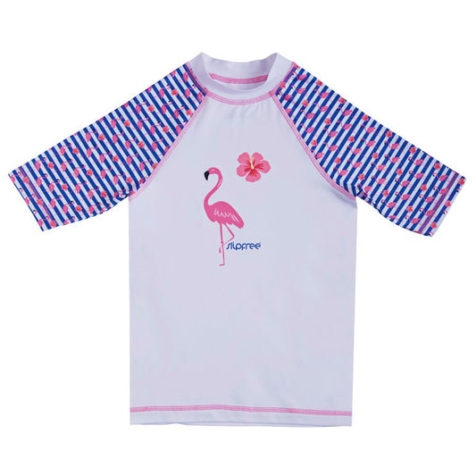 A girls rash vest by Slipfree, style Stripe ,in white multi Flamingo. Front view.