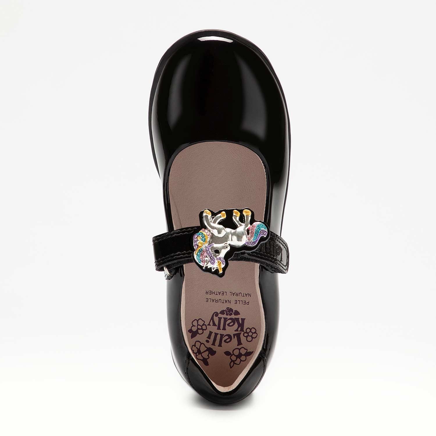 A girls Mary jane school shoe by Lelli Kelly, style Bella 2 in black patent with velcro fastening. Above view