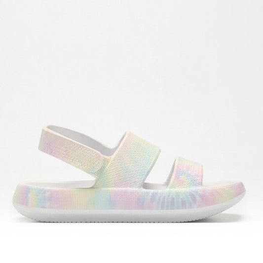 A girls chunky slip on open toe EVA sandal by Lelli Kelly, style LK3638 Kaya, in white pastel multi. Right side view.