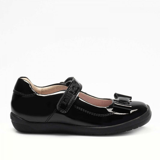 A girls Mary Jane school shoen by Lelli Kelly, style Elsa, in black patent with velcro fastening. Right side view.