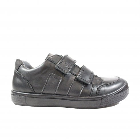 A boys school shoe by Ricosta, style Ethan , black leather double velcro. Right side view.