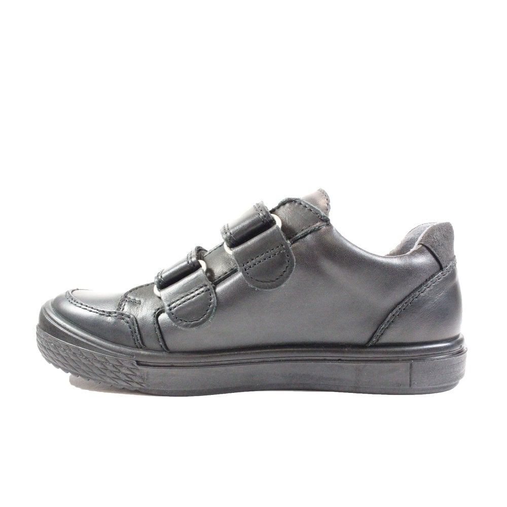 A boys school shoe by Ricosta, style Ethan, black double velcro. Right inner side view.