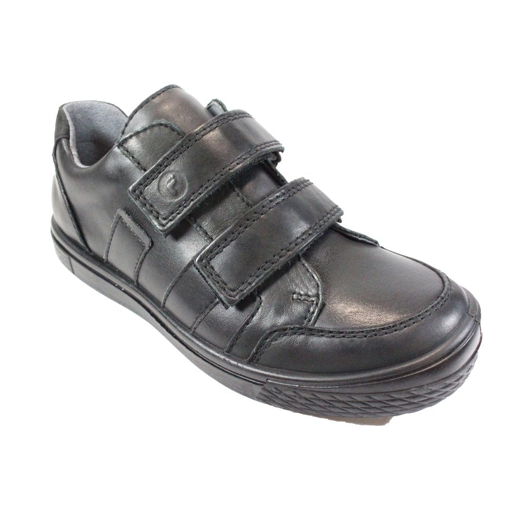 A boys school shoe by Ricosta, style Ethan , in black, double velcro. Right angled view.