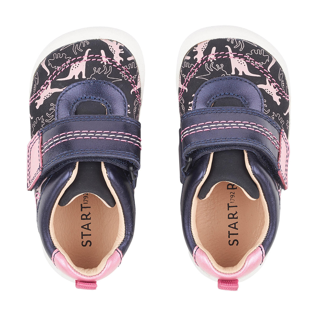 A pair of girls casual shoes by Start Rite, style Footprint, in navy and pink nubuck and leather with velcro fastening. Top view.
